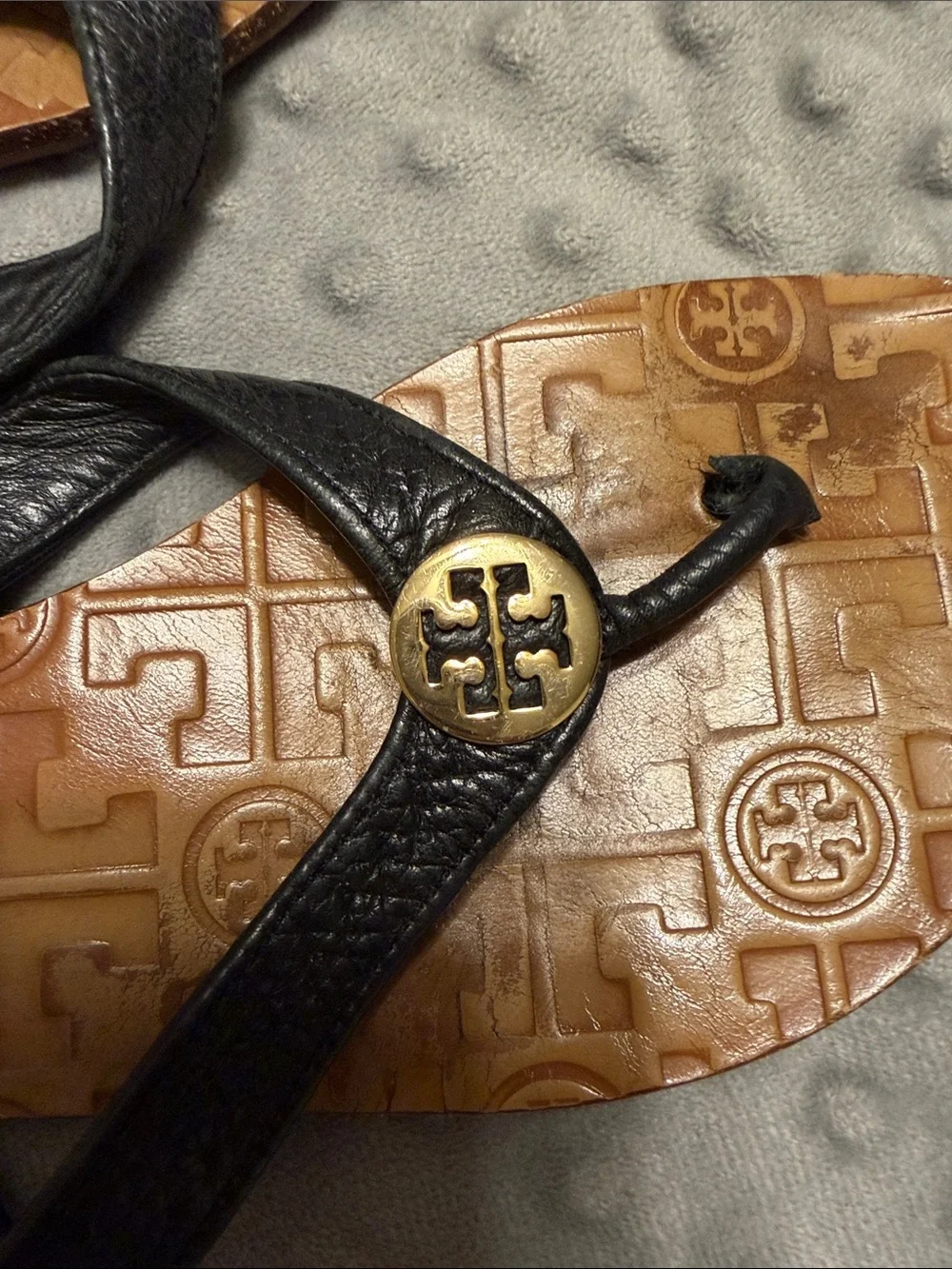 Tory Burch Black Leather Logo Thong Sandals with Tan Footbed